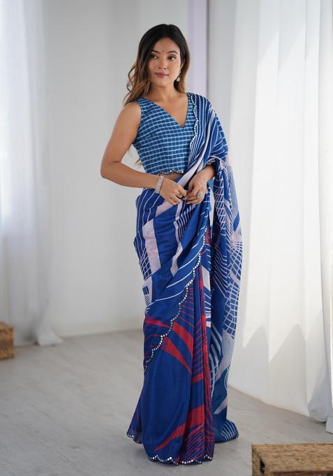 Blue Printed Chinon Saree Set