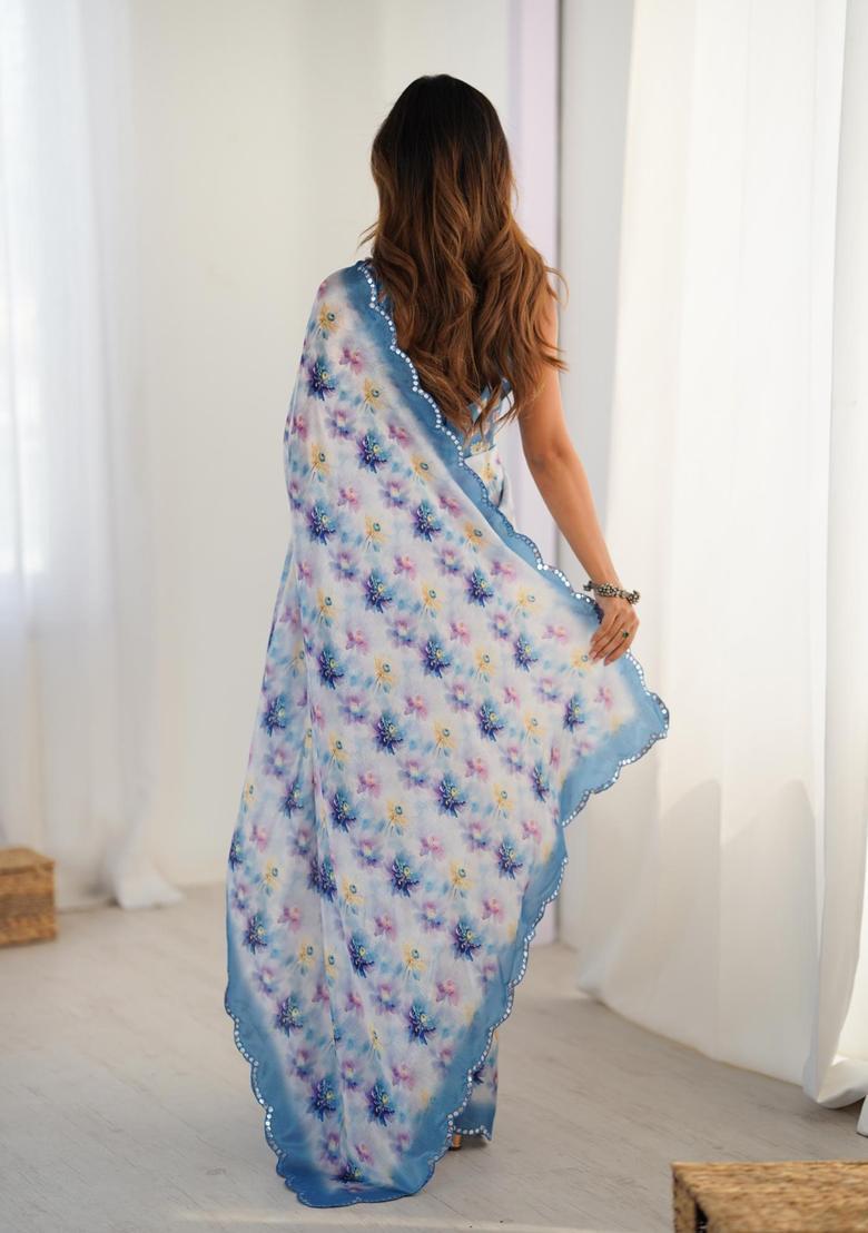 Blue Floral Print Chinon Saree Set - Indya