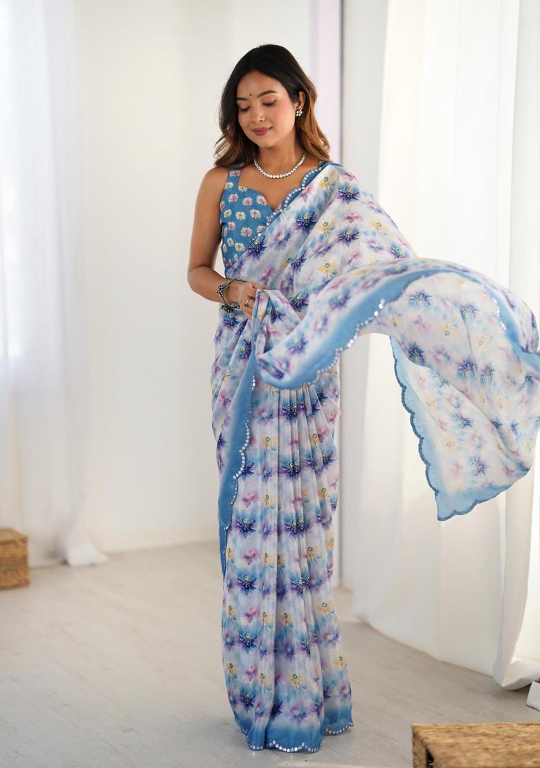 Blue Floral Print Chinon Saree Set - Indya