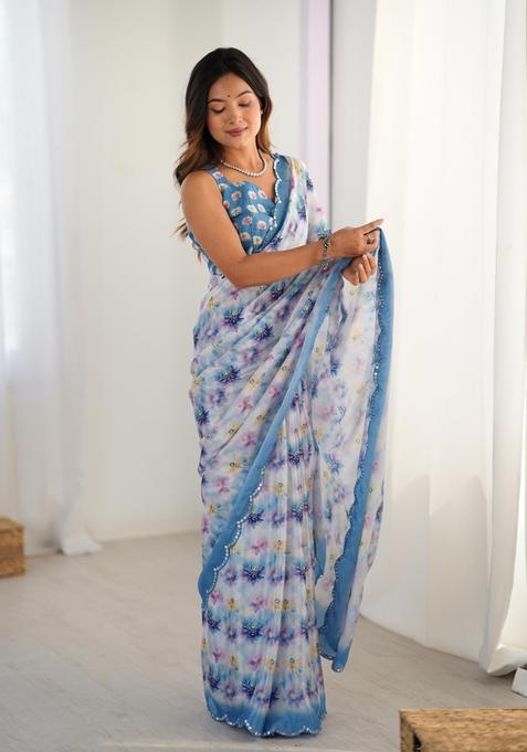 Blue Floral Print Chinon Saree Set