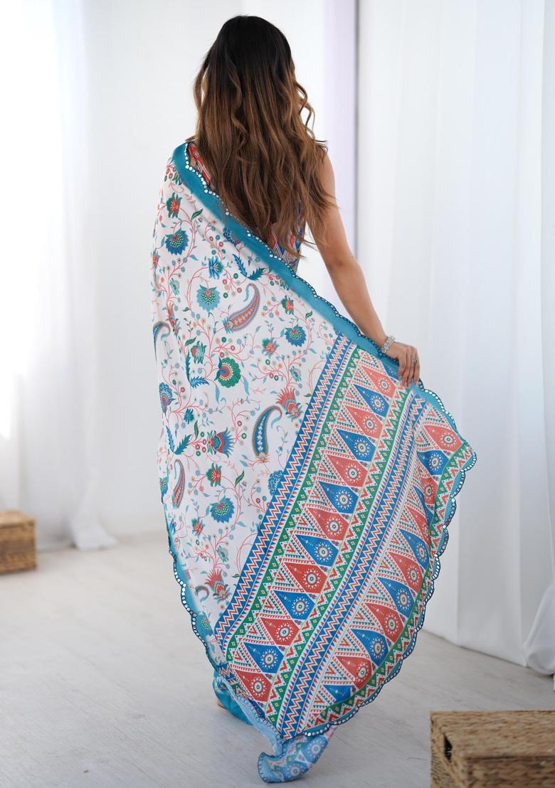 Multicolor Floral Print Chinon Saree Set - Indya