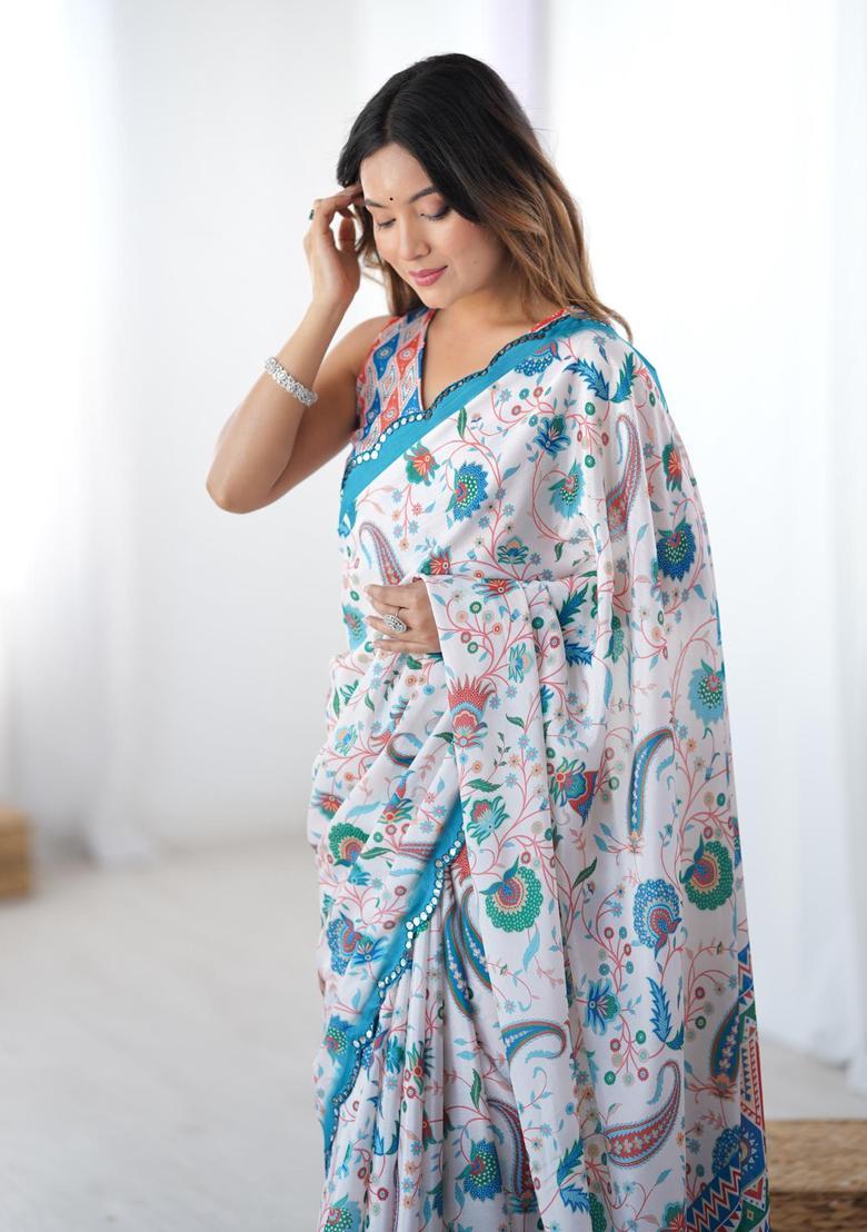 Multicolor Floral Print Chinon Saree Set - Indya