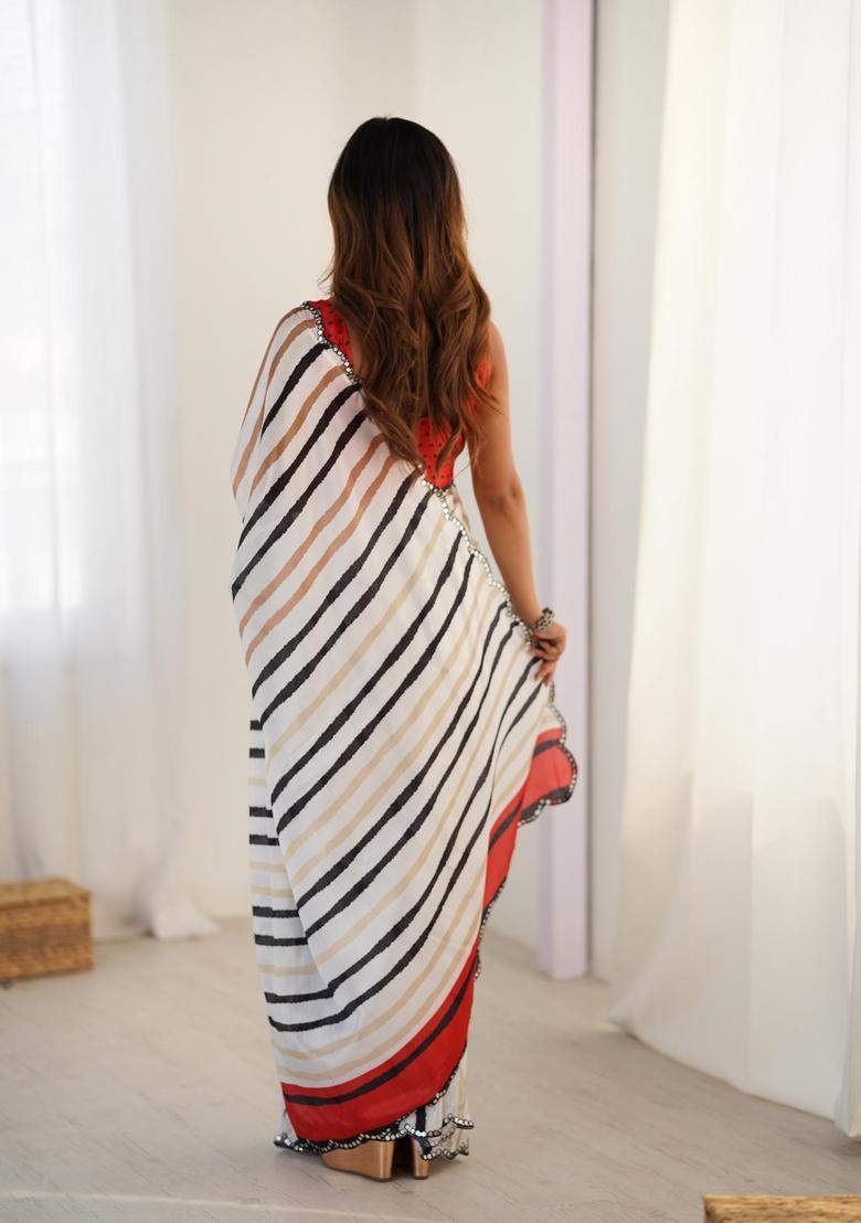 Multicolor Stripes Chinon Saree Set - Indya