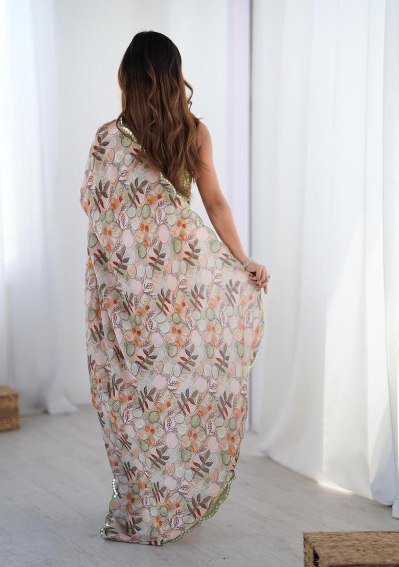 Multicolor Floral Print Chinon Saree Set - Indya