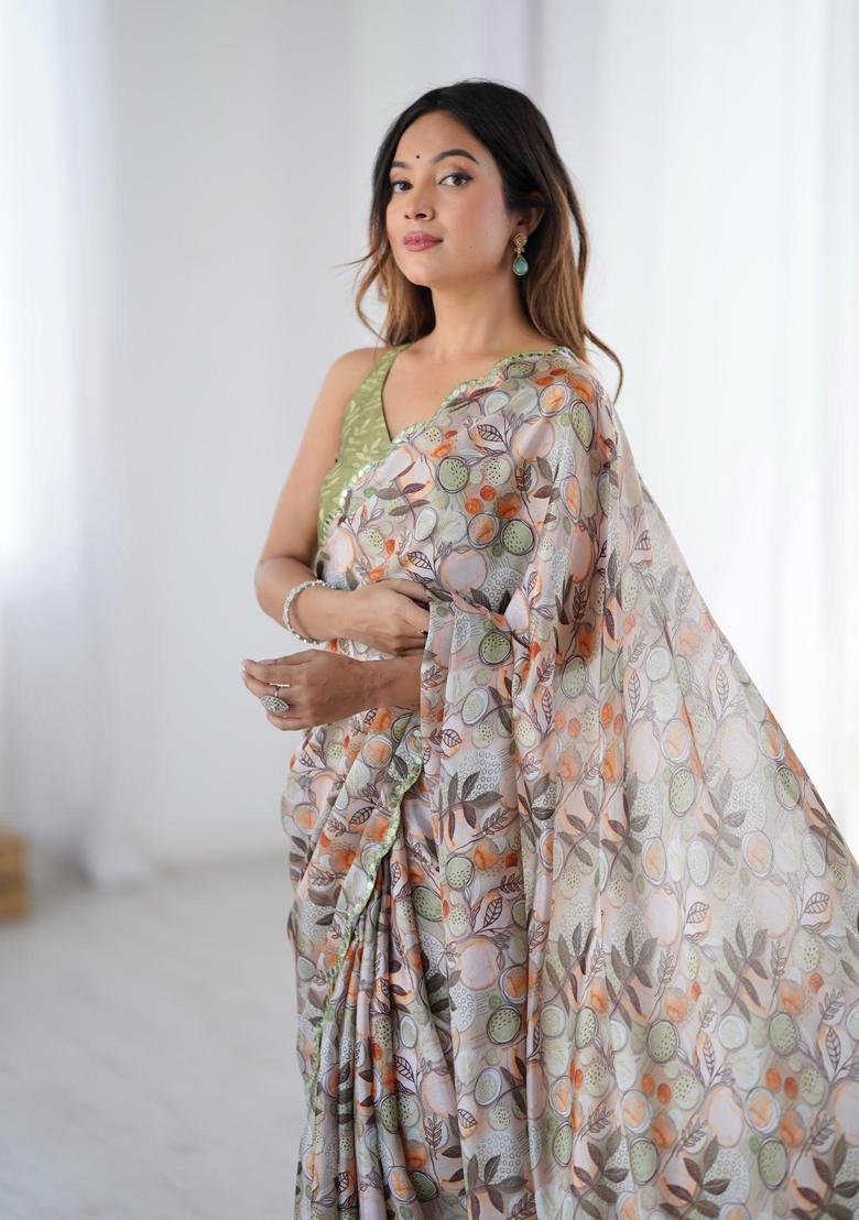 Multicolor Floral Print Chinon Saree Set - Indya