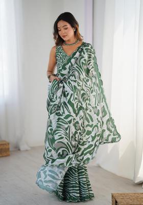 Green Printed Chinon Saree Set