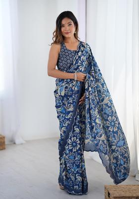 Blue Floral Print Chinon Saree Set