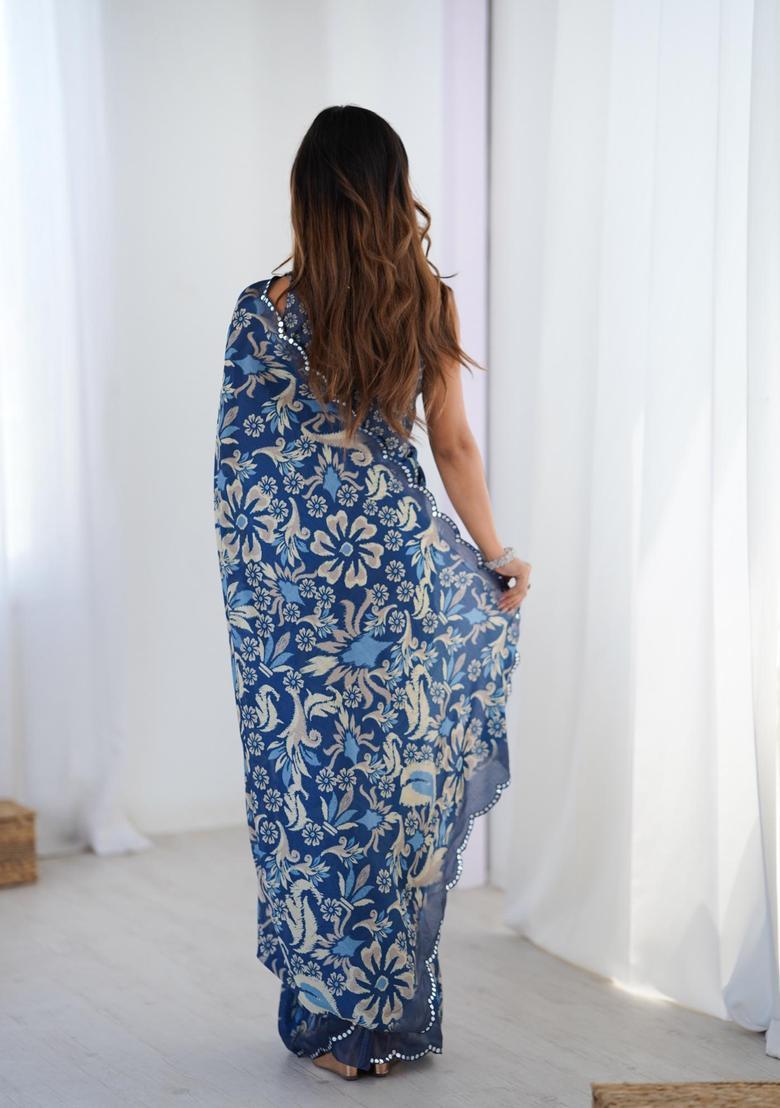 Blue Floral Print Chinon Saree Set - Indya