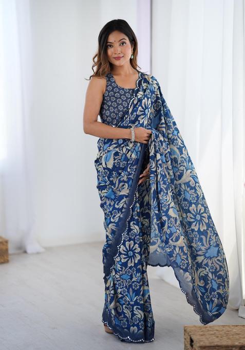 Blue Floral Print Chinon Saree Set