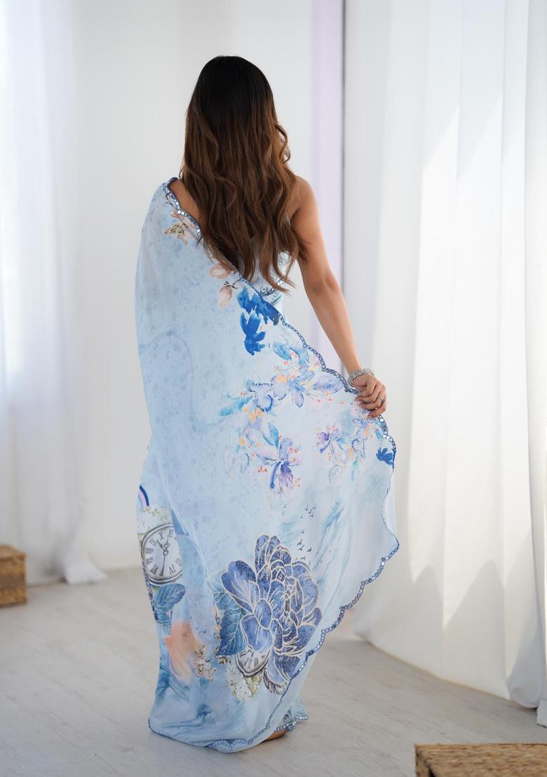 Blue Floral Print Chinon Saree Set - Indya