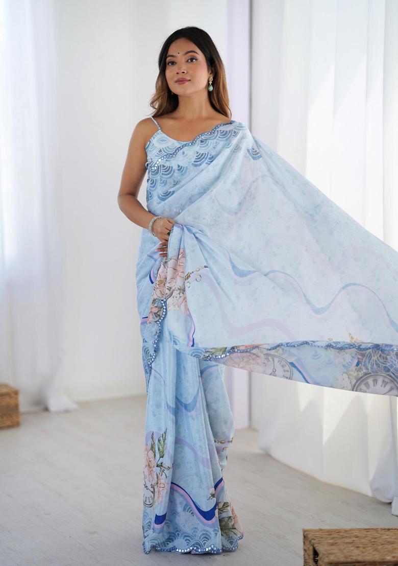 Blue Floral Print Chinon Saree Set - Indya