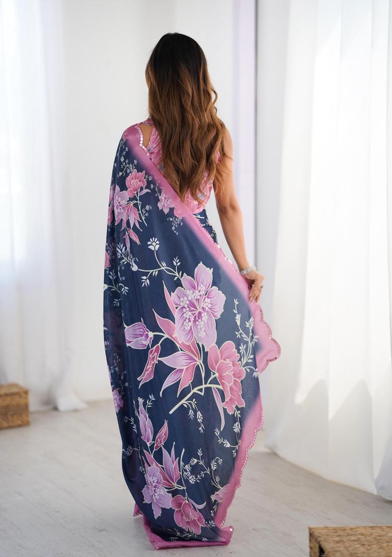 Blue Floral Print Chinon Saree Set - Indya