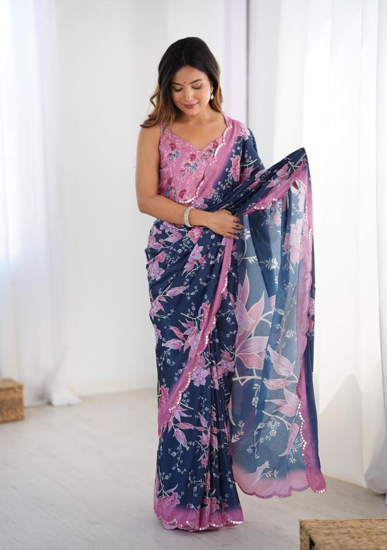 Blue Floral Print Chinon Saree Set - Indya