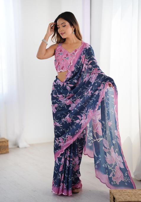 Blue Floral Print Chinon Saree Set