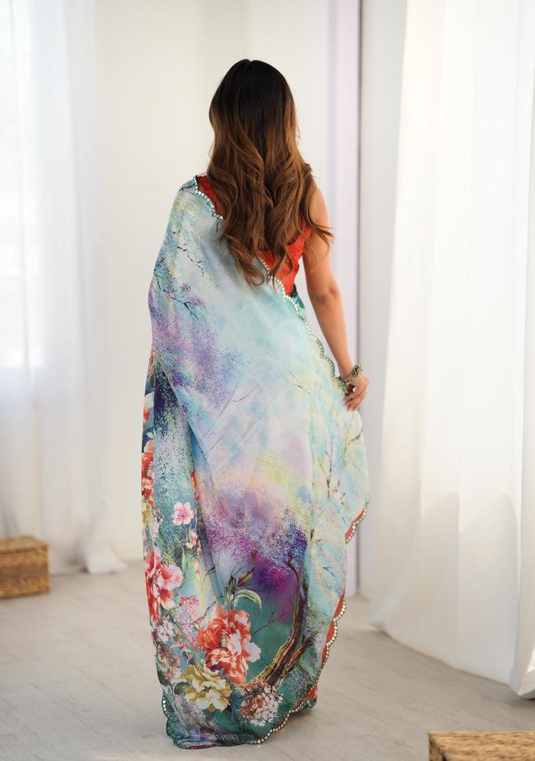 Multicolor Floral Print Chinon Saree Set - Indya