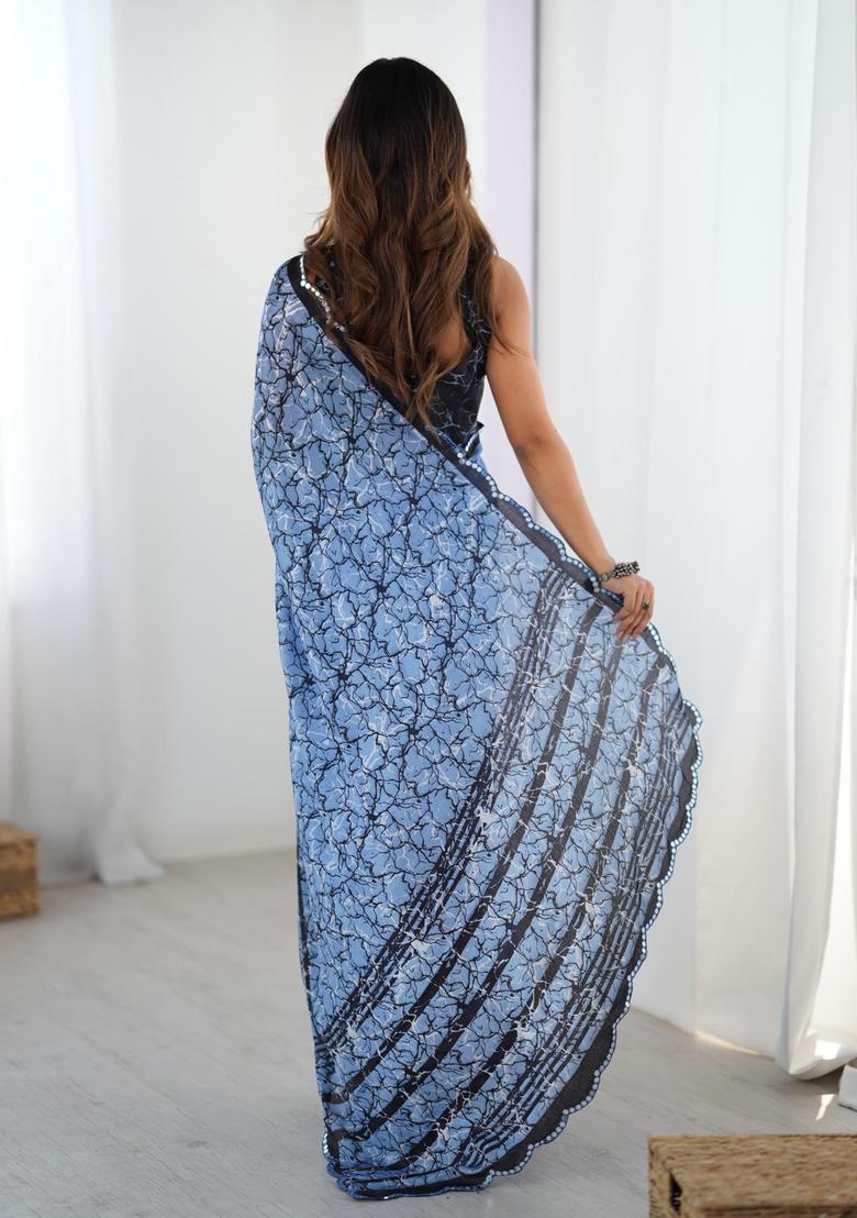 Blue Printed Chinon Saree Set - Indya
