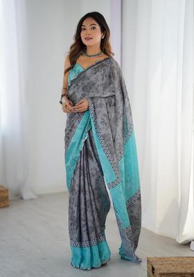 Grey Floral Print Chinon Saree Set