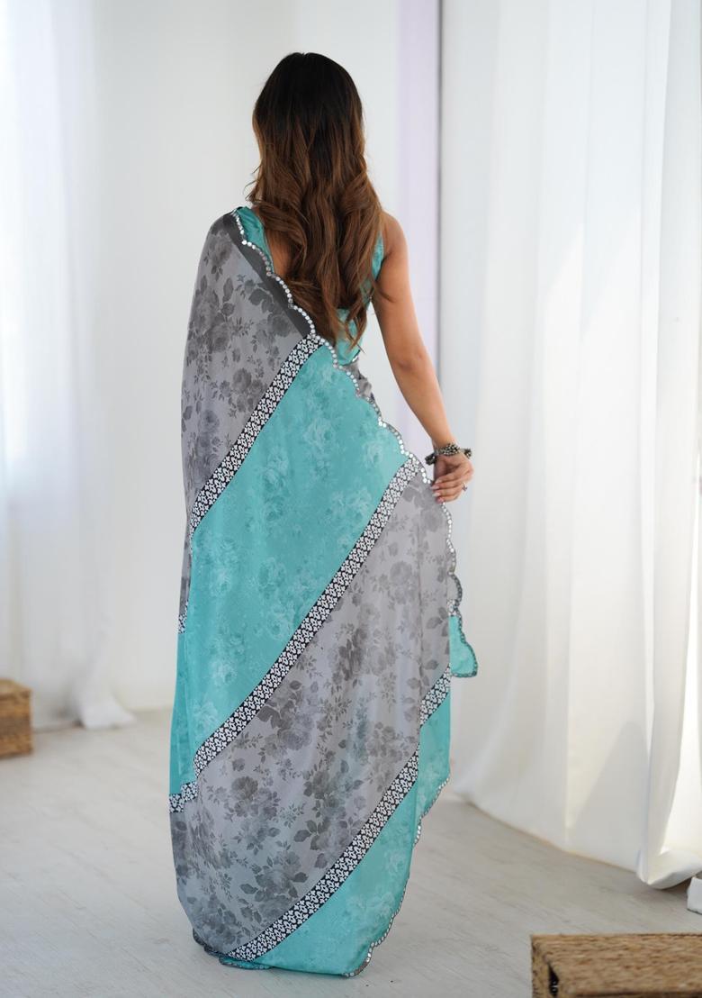 Grey Floral Print Chinon Saree Set - Indya