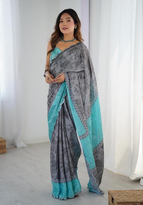 Grey Floral Print Chinon Saree Set