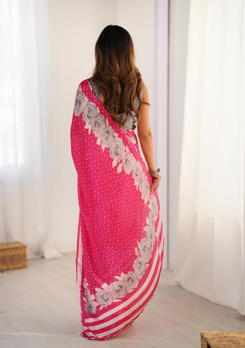 Pink Floral Print Chinon Saree Set - Indya