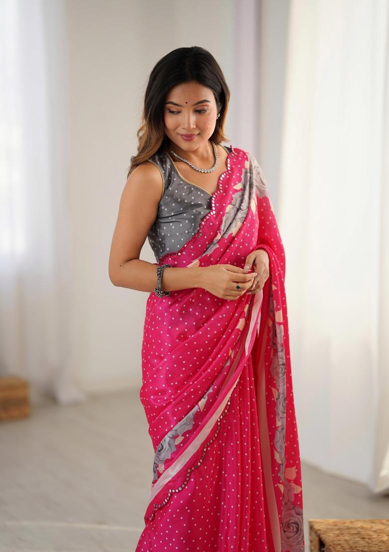 Pink Floral Print Chinon Saree Set - Indya