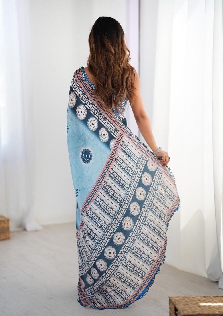 Blue Printed Chinon Saree Set - Indya