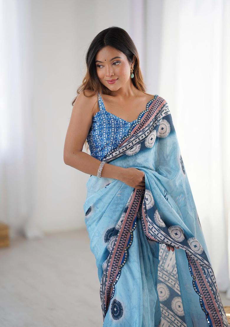 Blue Printed Chinon Saree Set - Indya
