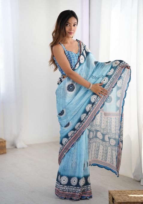 Blue Printed Chinon Saree Set