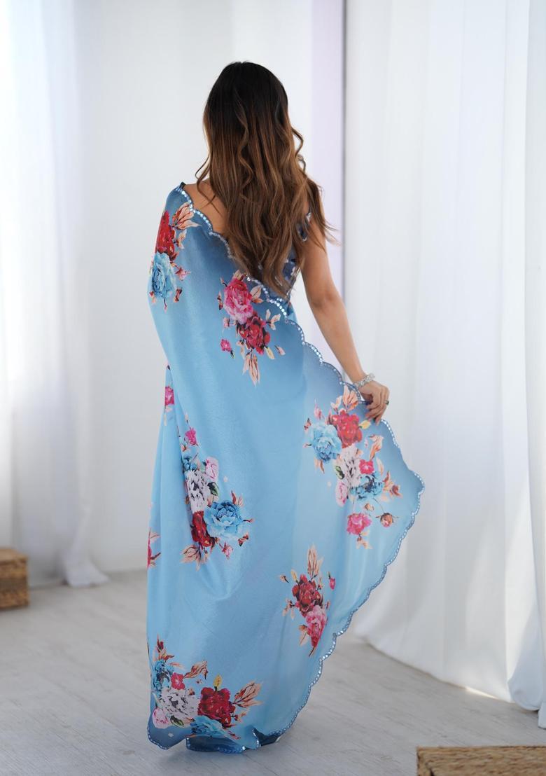 Blue Floral Print Chinon Saree Set - Indya