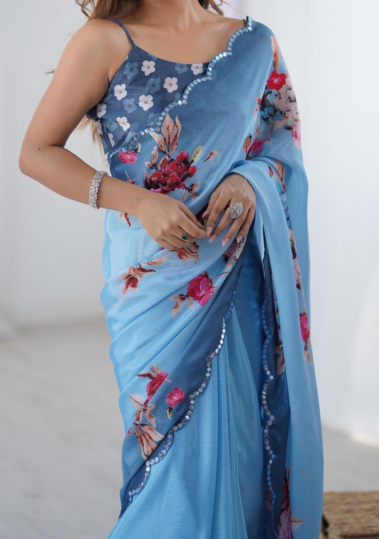 Blue Floral Print Chinon Saree Set - Indya