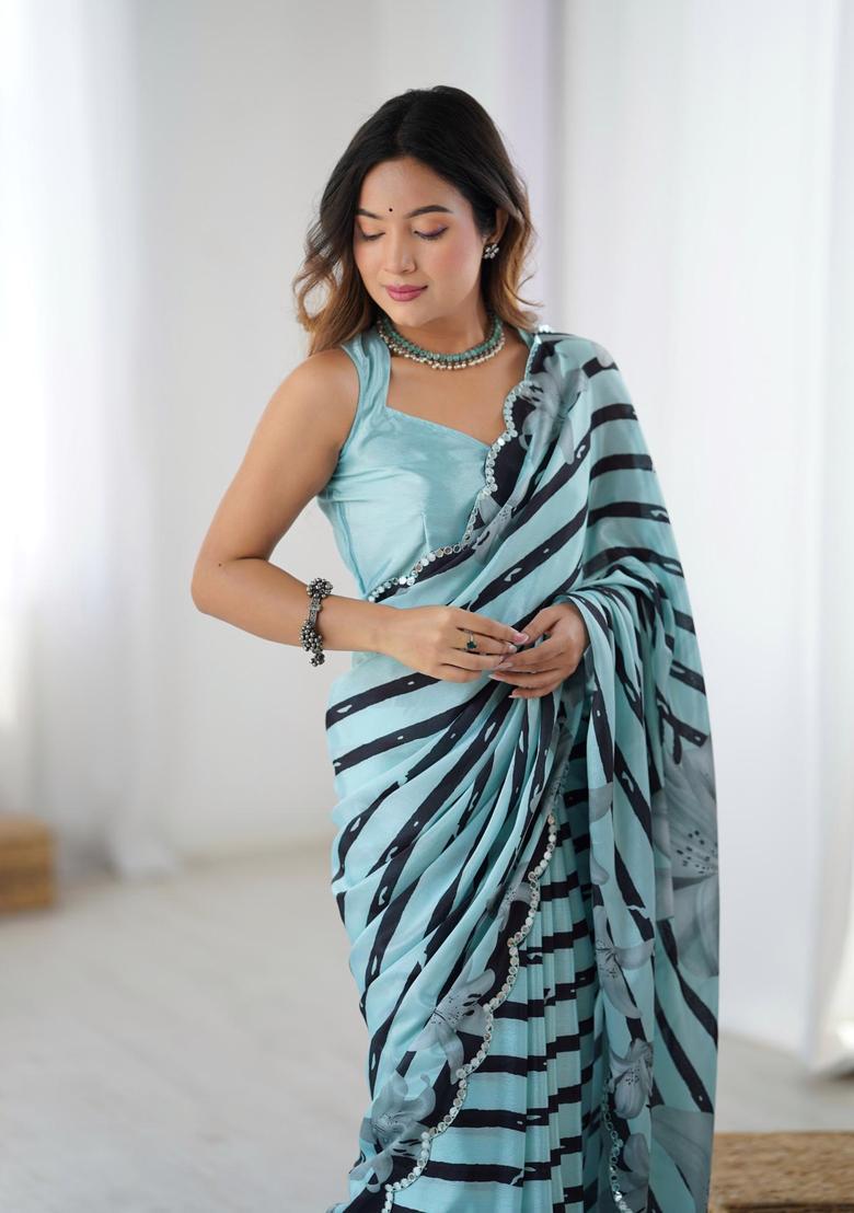 Multicolor Stripes Chinon Saree Set - Indya