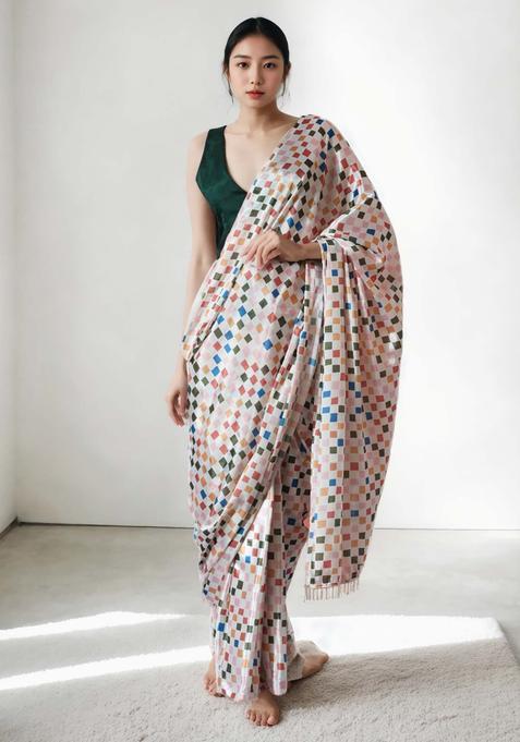 Cream Checked Chinon Saree Set