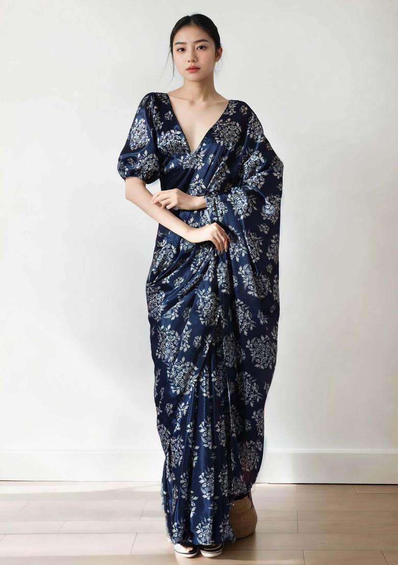 Navy Blue Floral Print Chinon Saree Set for Diwali and Festive Wear - Indya