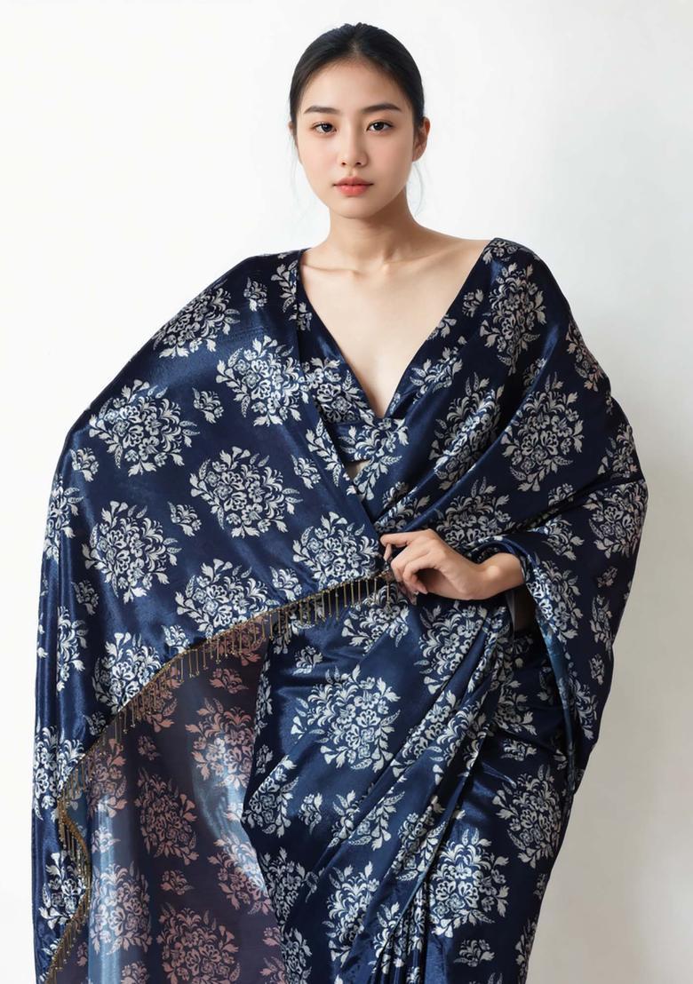 Navy Blue Floral Print Chinon Saree Set - Indya