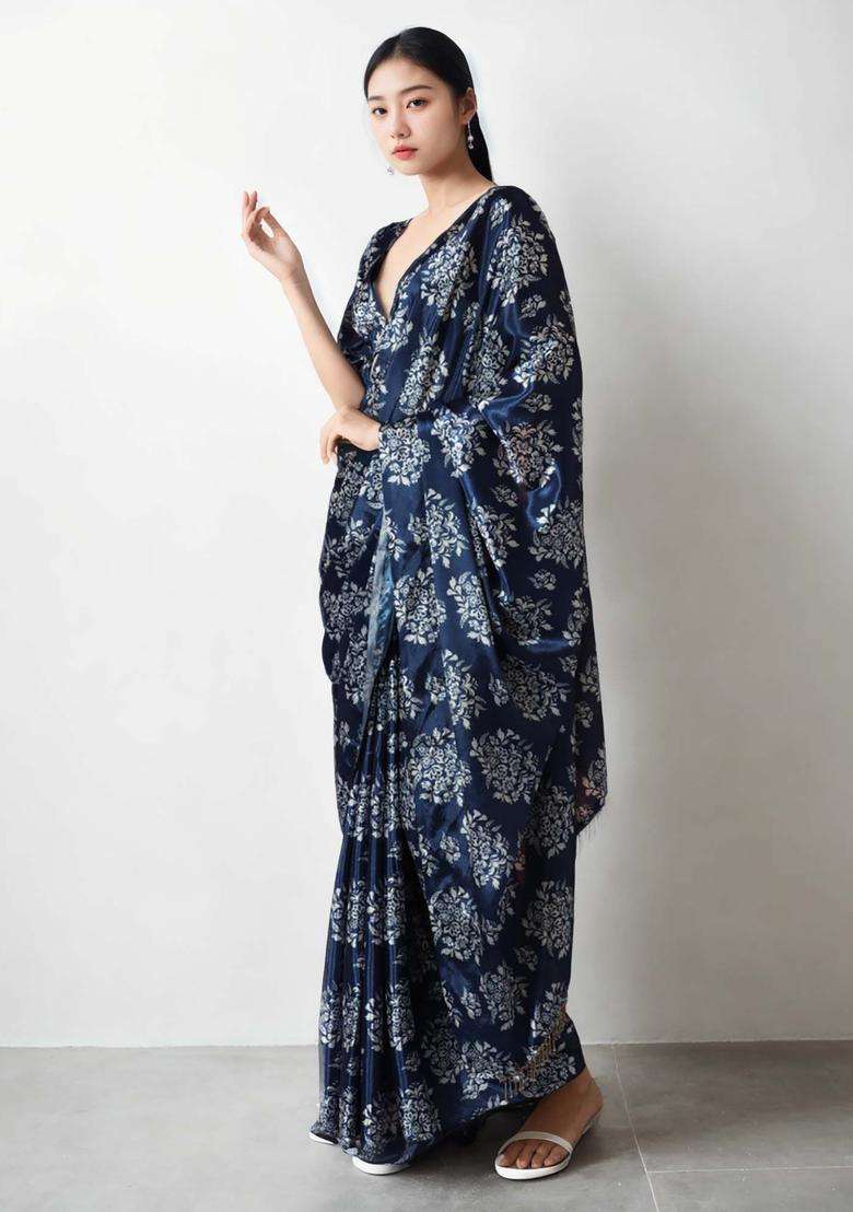 Navy Blue Floral Print Chinon Saree Set for Diwali and Festive Wear - Indya