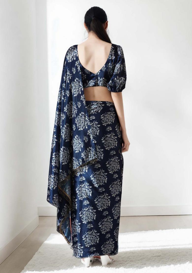 Navy Blue Floral Print Chinon Saree Set - Indya