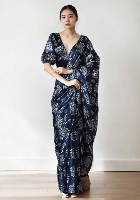 Navy Blue Floral Print Chinon Saree Set