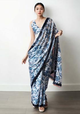 Off White Floral Print Chinon Saree Set