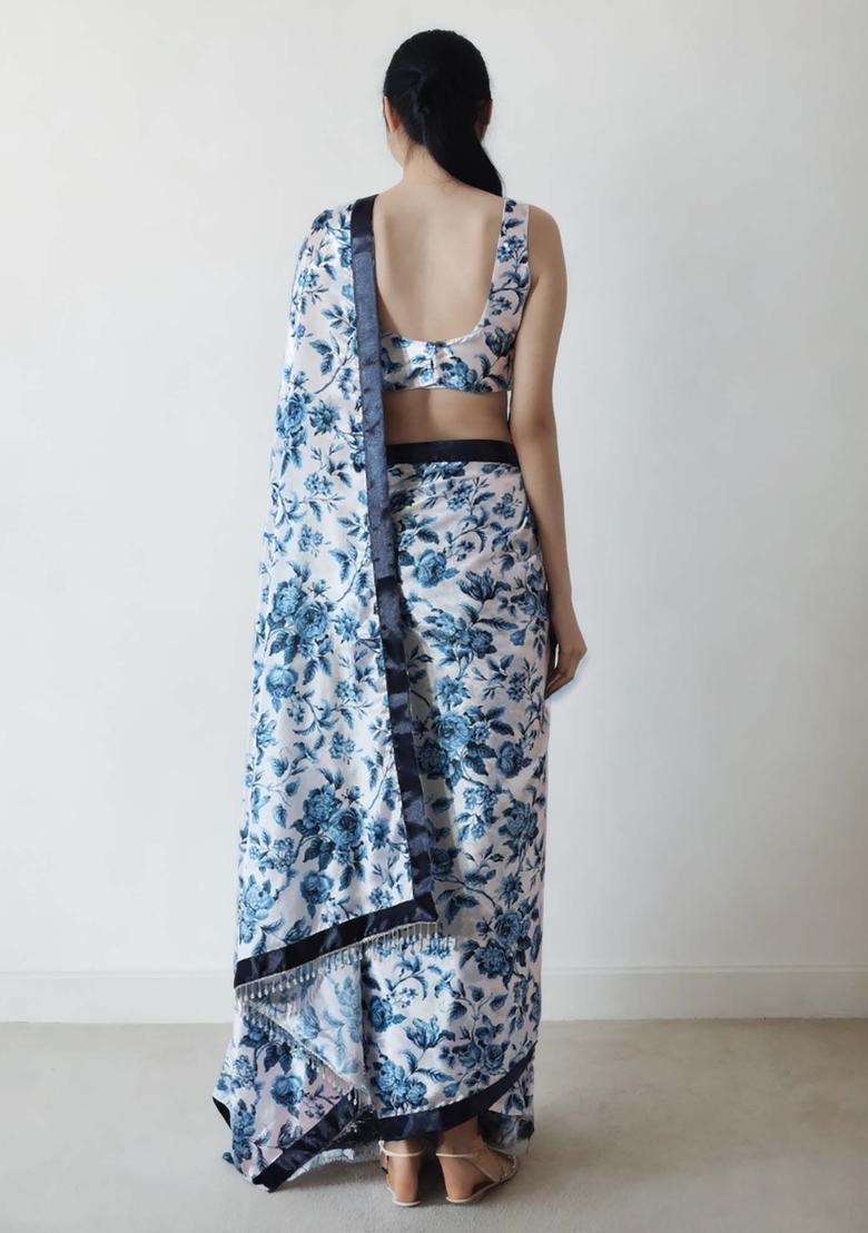 Off White Floral Print Chinon Saree Set - Indya
