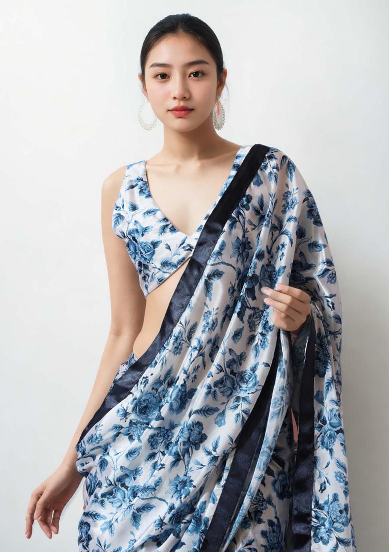 Off White Floral Print Chinon Saree Set - Indya
