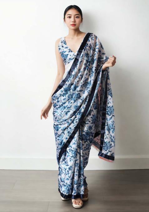 Off White Floral Print Chinon Saree Set
