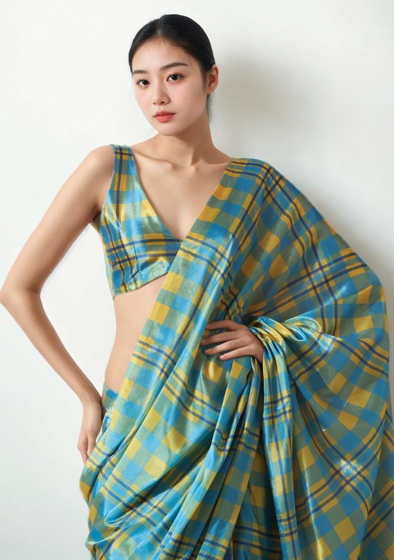 Multicolor Checked Chinon Saree Set - Indya