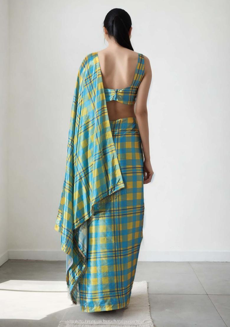 Multicolor Checked Chinon Saree Set - Indya
