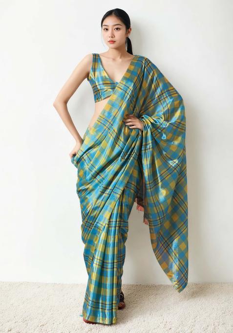 Multicolor Checked Chinon Saree Set