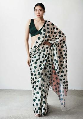 Off White Polka Dots Chinon Saree Set