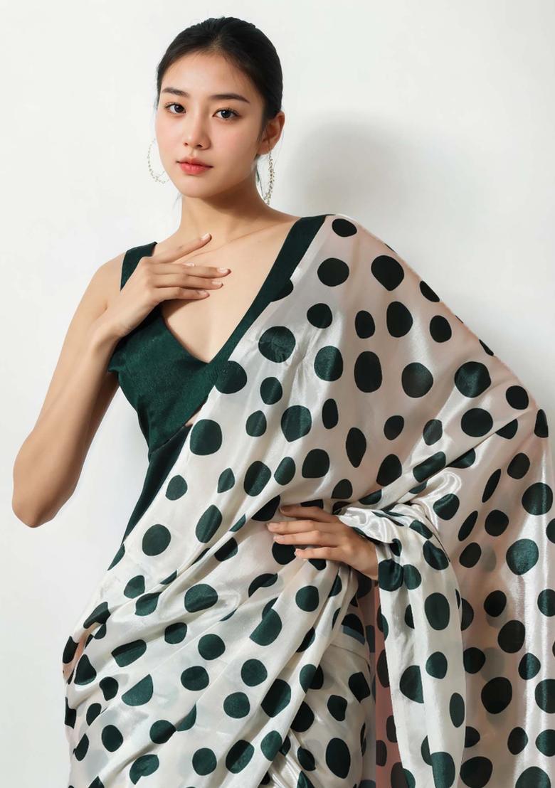 Off White Polka Dots Chinon Saree Set - Indya