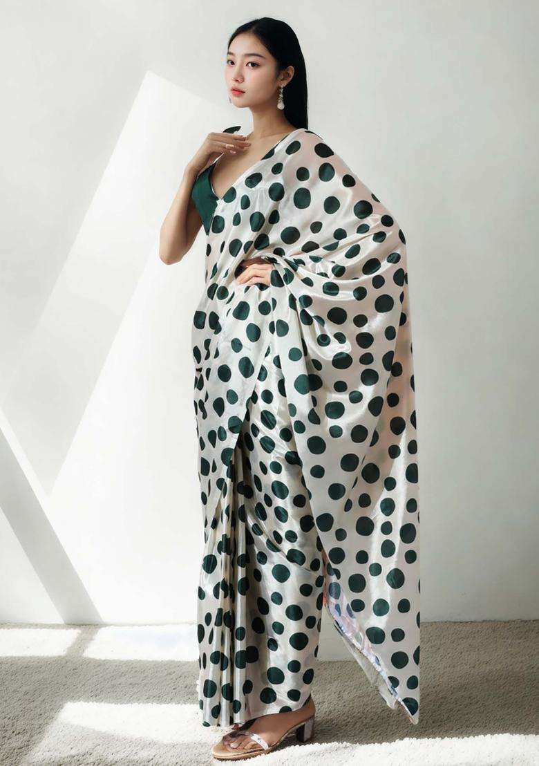 Off White Polka Dots Chinon Saree Set for Diwali and Festive Wear - Indya