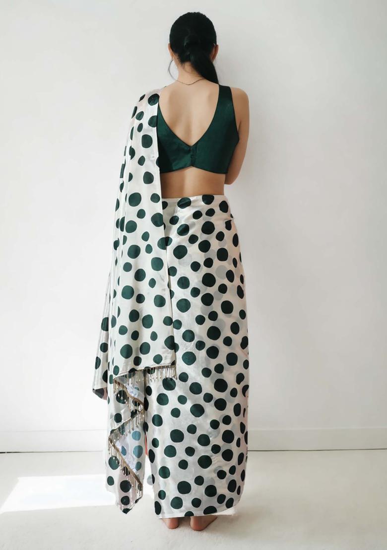 Off White Polka Dots Chinon Saree Set - Indya