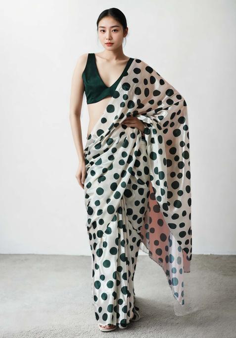 Off White Polka Dots Chinon Saree Set