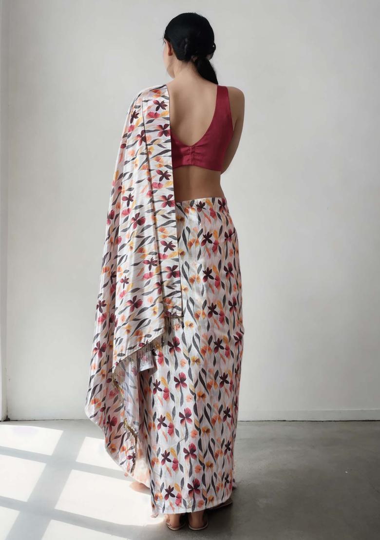 Charcoal Grey Floral Print Chinon Saree Set - Indya